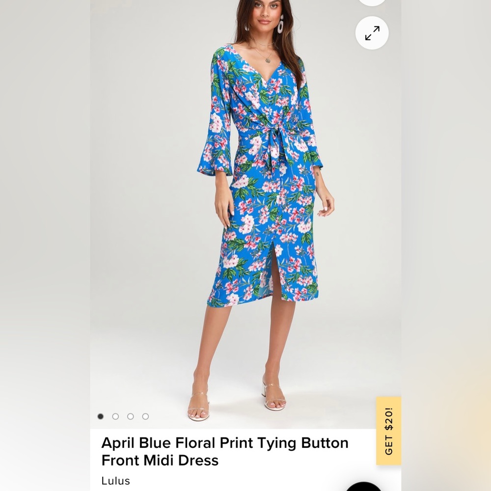 April Blue Floral Print Tying Button Front Midi Dress